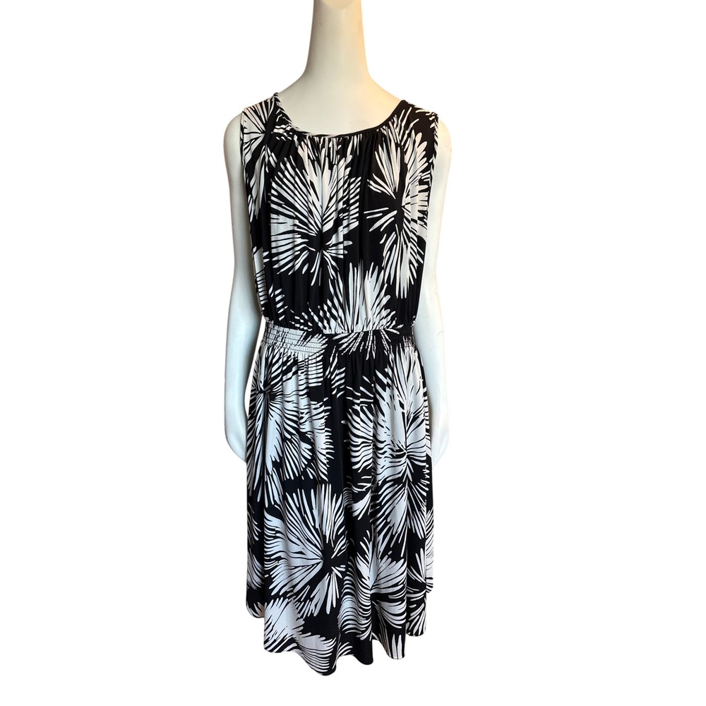 Ann Taylor Factory Black White Palm Print Smocked Waist Midi Dress Large